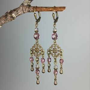 HAND CRAFTED Vintage Style Rose Pink Brass Filigree Chandelier Dangle Earrings